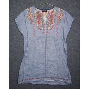 Johnny Was Dress Women Blue Embroidered V Neck Mini‎ Gauze Tikal Poncho Bohemian
